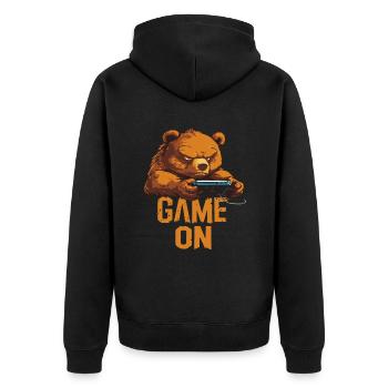 Gamer Bär: Game On - Unisex Premium Bio Zip Hoodie - Schwarz - Hinten - Nico (187cm)