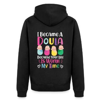 Doula accoucheuse Je suis devenue une - Veste à capuche bio Premium Unisexe - noir - Dos - Nico (187cm)