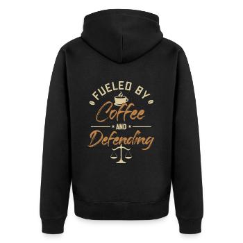 Angetrieben von Kaffee und Verteidigern - Unisex Premium Bio Zip Hoodie - Schwarz - Hinten - Nico (187cm)