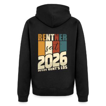 Rente Geschenk 2026 Rentner Ruhestand Spruch - Unisex Premium Bio Zip Hoodie - Schwarz - Hinten - Nico (187cm)