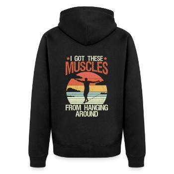 I got these muscles from hanging around - Unisex Premium Organic Zip Hoodie - black - Back - Nico (187cm)