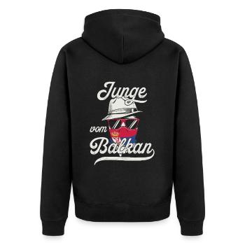 Garçon des Balkans, Yugo, Belgrade, Srbija, Serbie - Veste à capuche bio Premium Unisexe - noir - Dos - Nico (187cm)