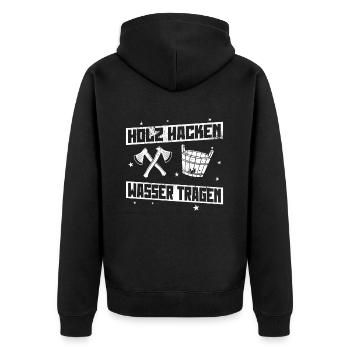 Holz hacken umd Wasser tragen - Buddha Sprüche - Unisex Premium Bio Zip Hoodie - Schwarz - Hinten - Nico (187cm)