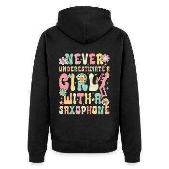 Saxophon Girl Saxophonistin - Unisex Premium Bio Zip Hoodie - Schwarz - Hinten - Nico (187cm)