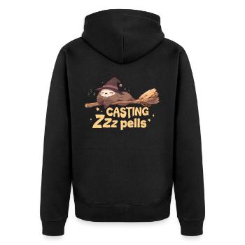Casting Zzzpells Funny Witch Sloth Cute Halloween - Unisex Premium Bio Zip Hoodie - Schwarz - Hinten - Nico (187cm)
