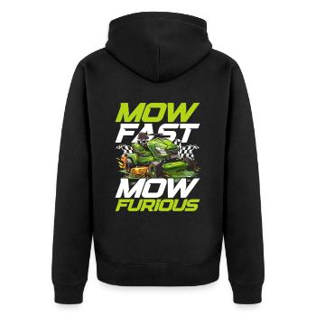 Rasenmäherrennen Mow Fast Mow Furious - Unisex Premium Bio Zip Hoodie - Schwarz - Hinten - Nico (187cm)