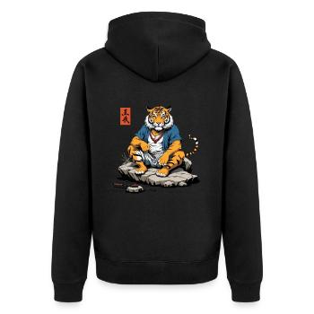 Asiatischer Tiger Mönch Japan Streetwear Art - Unisex Premium Bio Zip Hoodie - Schwarz - Hinten - Nico (187cm)