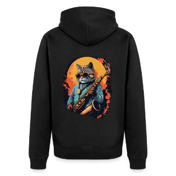 Chat drôle jouant de la musique de saxophone - Veste à capuche bio Premium Unisexe - noir - Dos - Nico (187cm)