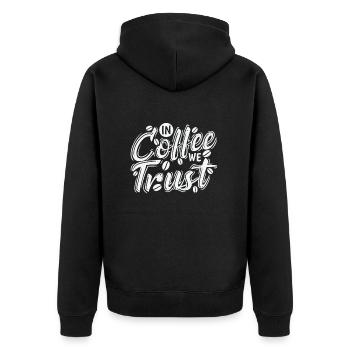 In Coffee we Trust Koffein Café - Unisex Premium Bio Zip Hoodie - Schwarz - Hinten - Nico (187cm)