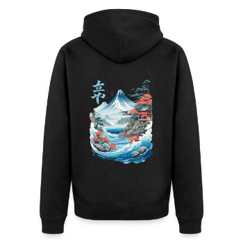 Oeuvre rétro japonaise Ukiyo-e Fujiyama - Veste à capuche bio Premium Unisexe - noir - Dos - Nico (187cm)