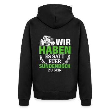 Wir haben es satt, euer Sündenbock zu sein - Unisex Premium Bio Zip Hoodie - Schwarz - Hinten - Nico (187cm)