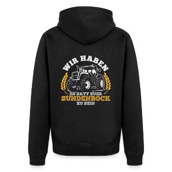 Wir haben es satt, euer Sündenbock zu sein - Unisex Premium Bio Zip Hoodie - Schwarz - Hinten - Nico (187cm)