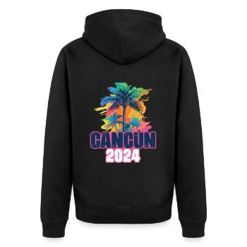 Cancun 2024 Urlaub Palmen Klecks - Unisex Premium Bio Zip Hoodie - Schwarz - Hinten - Nico (187cm)
