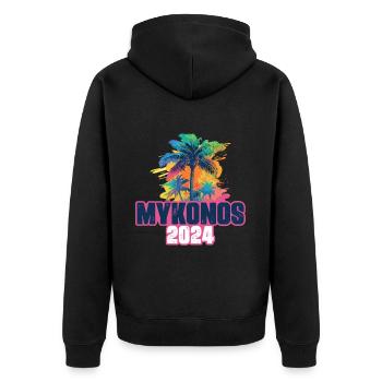 Mykonos 2024 Urlaub Palmen Klecks - Unisex Premium Bio Zip Hoodie - Schwarz - Hinten - Nico (187cm)