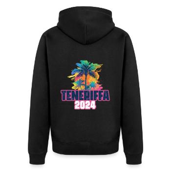 Teneriffa 2024 Urlaub Palmen Klecks - Unisex Premium Bio Zip Hoodie - Schwarz - Hinten - Nico (187cm)
