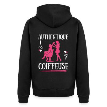 Authentique Coiffeuse coiffure salon coupe cheveux - Veste à capuche bio Premium Unisexe - noir - Dos - Nico (187cm)
