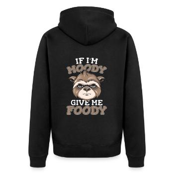 Faultier Lustig If Im Moody Give Me Foody - Unisex Premium Bio Zip Hoodie - Schwarz - Hinten - Nico (187cm)