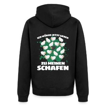 ICH WÜRDE JETZT LIEBER ZU MEINEN SCHAFEN Lustiges - Unisex Premium Bio Zip Hoodie - Schwarz - Hinten - Nico (187cm)