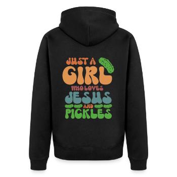 Pickles & Jesus Pickle Gemüseanbau - Unisex Premium Bio Zip Hoodie - Schwarz - Hinten - Nico (187cm)
