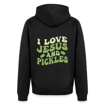 Pickles & Jesus Pickle Gemüseanbau - Unisex Premium Bio Zip Hoodie - Schwarz - Hinten - Nico (187cm)