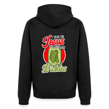 Pickles & Jesus Pickle Gemüseanbau - Unisex Premium Bio Zip Hoodie - Schwarz - Hinten - Nico (187cm)