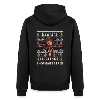 Ugly Weihnachten SANTAS LIEBLINGS E-Commercerin - Unisex Premium Bio Zip Hoodie - Schwarz - Hinten - Nico (187cm)