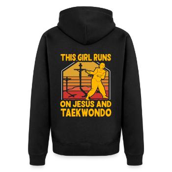 This Girl runs on Jesus and Taekwondo - Unisex Premium Organic Zip Hoodie - black - Back - Nico (187cm)