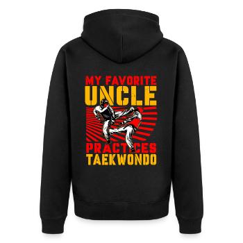 Mein Lieblingsonkel trainiert Taekwondo - Unisex Premium Bio Zip Hoodie - Schwarz - Hinten - Nico (187cm)