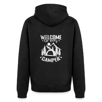 Welcome to our Camper Urlaub Freiheit - Unisex Premium Bio Zip Hoodie - Schwarz - Hinten - Nico (187cm)
