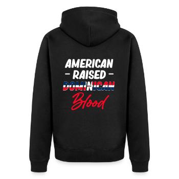 Amerikanisch Aufgezogen Dominikanisches Blut - Unisex Premium Bio Zip Hoodie - Schwarz - Hinten - Nico (187cm)