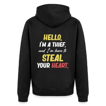 Hello, I'm a thief and I'm here to get your - Unisex Premium Organic Zip Hoodie - black - Back - Nico (187cm)