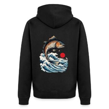Fisch Ukiyo-E Japan Fischer Angeln Vintage Design - Unisex Premium Bio Zip Hoodie - Schwarz - Hinten - Nico (187cm)