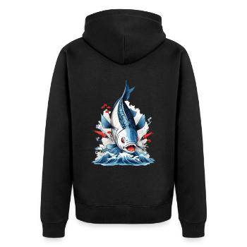 Ukiyo-E Fisch Angler und Fisch Japan Illustration - Unisex Premium Bio Zip Hoodie - Schwarz - Hinten - Nico (187cm)