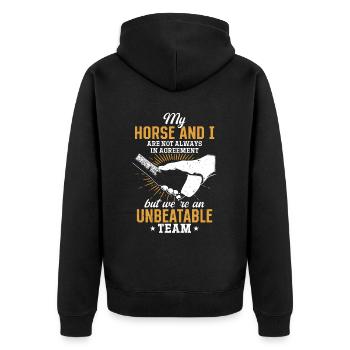 Unschlagbares Team - für Pferdeliebhaber - Unisex Premium Bio Zip Hoodie - Schwarz - Hinten - Nico (187cm)