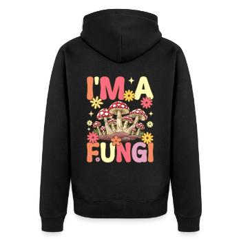 Groovy Mykologe auf Pilzsuche - Unisex Premium Bio Zip Hoodie - Schwarz - Hinten - Nico (187cm)