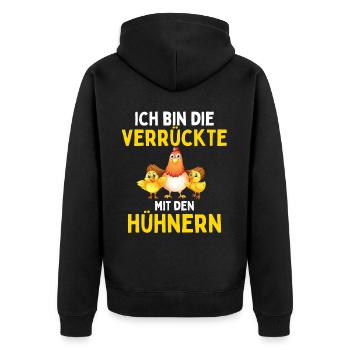 I'M THE CRAZY ONE WITH THE CHICKENS Funny - Unisex Premium Organic Zip Hoodie - black - Back - Nico (187cm)