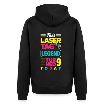 Lasertag-geburtstagsfeier – Lasertag 9 - Unisex Premium Bio Zip Hoodie - Schwarz - Hinten - Nico (187cm)