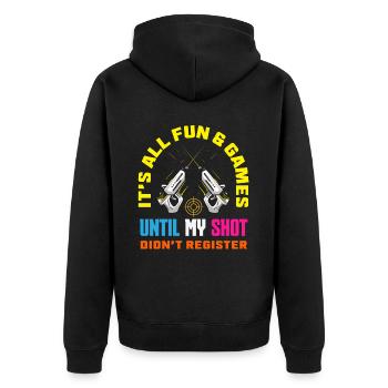 Indoor-laser-tag-party-outfit lasertag - Unisex Premium Bio Zip Hoodie - Schwarz - Hinten - Nico (187cm)