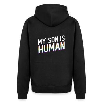 Schwulenstolz Stolze Eltern Schwuler Sohn - Unisex Premium Bio Zip Hoodie - Schwarz - Hinten - Nico (187cm)