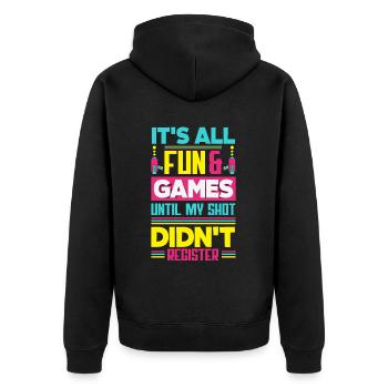 Indoor-laser-tag-party-outfit lasertag - Unisex Premium Bio Zip Hoodie - Schwarz - Hinten - Nico (187cm)
