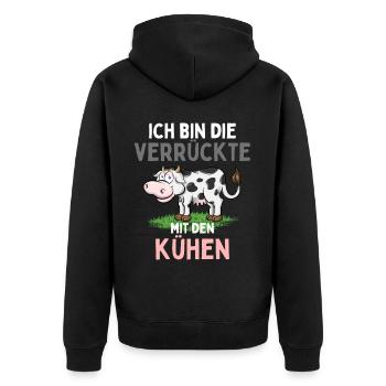 ICH BIN DIE VERRÜCKTE MIT DEN KÜHEN Lustiges - Unisex Premium Bio Zip Hoodie - Schwarz - Hinten - Nico (187cm)