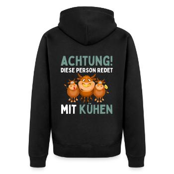 ACHTUNG! DIESE PERSON REDET MIT KÜHEN! Lustiges - Unisex Premium Bio Zip Hoodie - Schwarz - Hinten - Nico (187cm)