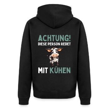 ACHTUNG! DIESE PERSON REDET MIT KÜHEN! Lustiges - Unisex Premium Bio Zip Hoodie - Schwarz - Hinten - Nico (187cm)