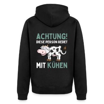 ACHTUNG! DIESE PERSON REDET MIT KÜHEN! Lustiges - Unisex Premium Bio Zip Hoodie - Schwarz - Hinten - Nico (187cm)