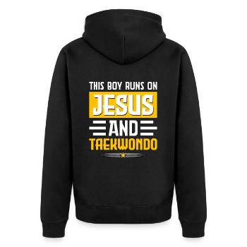 This Boy runs on Jesus and Taekwondo - Unisex Premium Organic Zip Hoodie - black - Back - Nico (187cm)