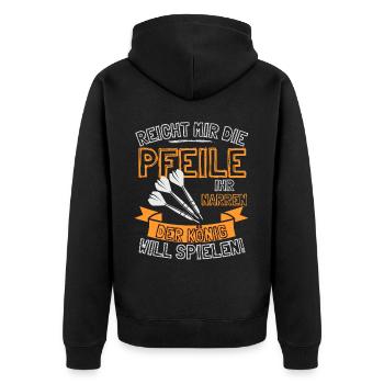 Lustiger Darts Spruch REICHT MIR DIE PFEILE IHR - Unisex Premium Bio Zip Hoodie - Schwarz - Hinten - Nico (187cm)