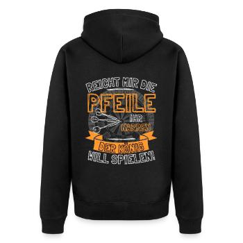 Lustiger Darts Spruch REICHT MIR DIE PFEILE IHR - Unisex Premium Bio Zip Hoodie - Schwarz - Hinten - Nico (187cm)