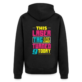 Lasertag-geburtstagsfeier – Lasertag 9 - Unisex Premium Bio Zip Hoodie - Schwarz - Hinten - Nico (187cm)