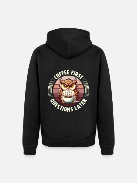 Mürrische Eule Mit Kaffee-morgenstimmung - Unisex Premium Bio Zip Hoodie - Schwarz