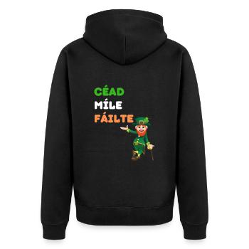 Irisches Glücks- und Willkommens-T-Shirt: Leprechaun Charm - Unisex Premium Bio Zip Hoodie - Schwarz - Hinten - Nico (187cm)